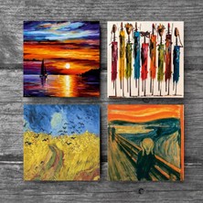 Pinecone Van Gogh Buğday Tarlası ve Kargalar, Çığlık, Yerli Kadınlar, Deniz Manzarası Taş Bardak Altlığı Masaüstü Koruyucu Altlık 4 Parça Set 10x10cm Stone Coasters SC439