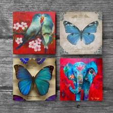 Pinecone Kelebek, Fil, Kuş Taş Bardak Altlığı Masaüstü Koruyucu Altlık 4 Parça Set 10x10cm Stone Coasters SC451