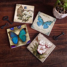 Pinecone Kelebek Taş Bardak Altlığı Masaüstü Koruyucu Altlık 4 Parça Set 10x10cm Stone Coasters SC453