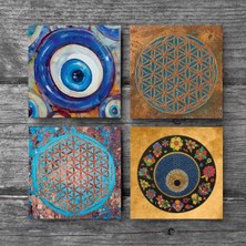 Pinecone Nazar, Yaşam Çiçeği Taş Bardak Altlığı Masaüstü Koruyucu Altlık 4 Parça Set 10x10cm Stone Coasters SC474