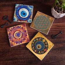 Pinecone Nazar, Yaşam Çiçeği, Mandala Taş Bardak Altlığı Masaüstü Koruyucu Altlık 4 Parça Set 10x10cm Stone Coasters SC479