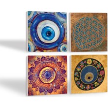 Pinecone Nazar, Yaşam Çiçeği, Mandala Taş Bardak Altlığı Masaüstü Koruyucu Altlık 4 Parça Set 10x10cm Stone Coasters SC479