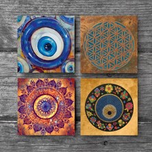 Pinecone Nazar, Yaşam Çiçeği, Mandala Taş Bardak Altlığı Masaüstü Koruyucu Altlık 4 Parça Set 10x10cm Stone Coasters SC479