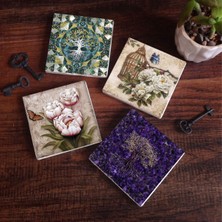 Pinecone Stone Hayat Ağacı, Kelebekli Çiçek Taş Bardak Altlığı – 4’lü Set, 10x10 cm Dekoratif Masaüstü Koruyucu Doğaltaş Altlık |SC486|
