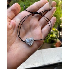 Best My Silver Kadın Gümüş Siyah İpli Baget Taşlı Kalp Bileklik