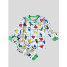 Elmas Kids Erkek Çocuk %100  Pamuklu Renkli Dinozor Desenli Kolları ve Paçaları Şeritli Pijama Takımı