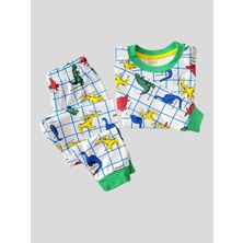 Elmas Kids Erkek Çocuk %100  Pamuklu Renkli Dinozor Desenli Kolları ve Paçaları Şeritli Pijama Takımı
