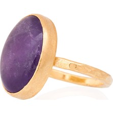 Gümüşcüm Ametist Taşlı Altın Kaplama Oval Bayan Gümüş Yüzük