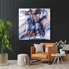 SML Tablo Mavi Beyaz ve Kahverengi At Sürüsü Ilüstrasyon Kare Kanvas Tablo