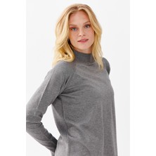 Desen Triko Kadın Yarım Balıkçı Yaka Yanları Yırtmaçlı Kazak O.füme