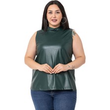 Disentis Modest Büyük Beden Dik Yaka Kolsuz Deri Haki Bluz