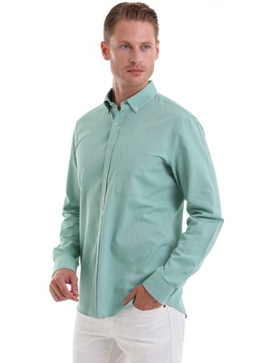 Saykı Yeşil Comfort Fit Düz 100% Pamuk Düğmeli Yaka Uzun Kollu Casual Oxford Gömlek