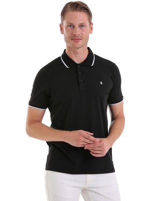 HTML Siyah Regular Fit Düz 100% Pamuk Polo Yaka Tişört