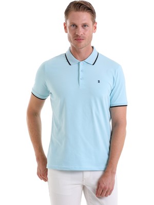 HTML Mavi Regular Fit Düz 100% Pamuk Polo Yaka Tişört