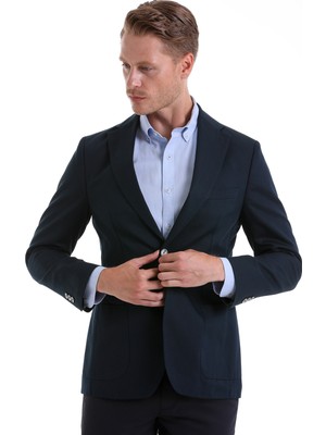 Saykı Lacivert Slim Fit Düz Mono Yaka Casual Keten Ceket