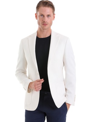 Hatem Saykı Beyaz D. Slim Fit Desenli Mono Yaka Casual Ceket