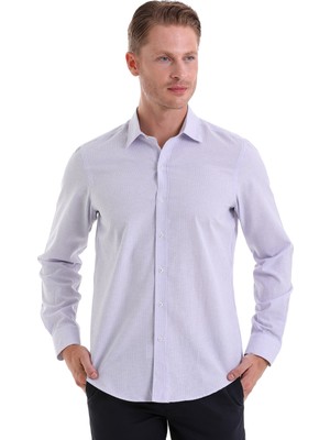 Hatemoğlu Lila Ç. Comfort Fit Çizgili Pamuklu Slim Yaka Uzun Kollu Spor Gömlek
