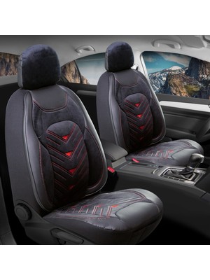 Fresh Start renault Clio 4 Oto Koltuk Kılıfı 5'li Set Lüks Deri, Kadife Detaylı Prosev Model Siyah Kırmızı