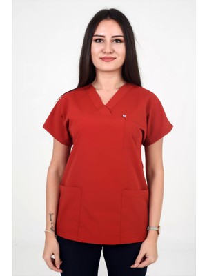 Deniz İş Kadın Likralı Yarasa Kol Kiremit Rengi Scrubs Tek Üst