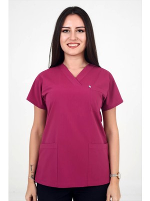 Deniz İş Kadın Likralı Yarasa Kol Fuşya Renk Scrubs Tek Üst