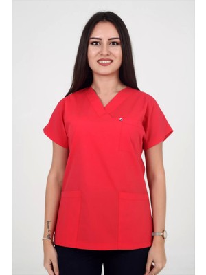 Deniz İş Kadın Terrycoton Yarasa Kol Nar Çiçeği Rengi Scrubs Tek Üst