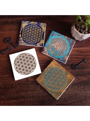 Pinecone Stone Yaşam Çiçeği Taş Bardak Altlığı – 4’lü Set, 10x10 cm Dekoratif Masaüstü Koruyucu Doğaltaş Altlık |SC504|