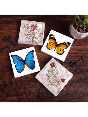 Pinecone Stone Gül Çiçek, Kelebek Taş Bardak Altlığı – 4’lü Set, 10x10 cm Dekoratif Masaüstü Koruyucu Doğaltaş Altlık |SC311|