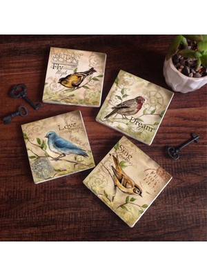 Pinecone Stone Serçe Kuş Taş Bardak Altlığı – 4’lü Set, 10x10 cm Dekoratif Masaüstü Koruyucu Doğaltaş Altlık |SC117|