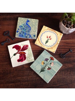Pinecone Stone Ebru Sanatı, Lale, Tavus Kuşu Taş Bardak Altlığı – 4’lü Set, 10x10 cm Dekoratif Masaüstü Koruyucu Doğaltaş Altlık |SC120|