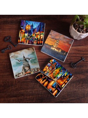 Pinecone Stone Köprü Manzarası, Sokak Manzarası, İstanbul Galata Kulesi, Kız Kulesi Taş Bardak Altlığı – 4’lü Set, 10x10 cm Dekoratif Masaüstü Koruyucu Doğaltaş Altlık |SC326|