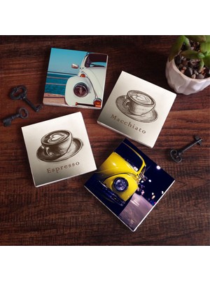 Pinecone Stone Kahve, Vosvos Araba Taş Bardak Altlığı – 4’lü Set, 10x10 cm Dekoratif Masaüstü Koruyucu Doğaltaş Altlık |SC329|