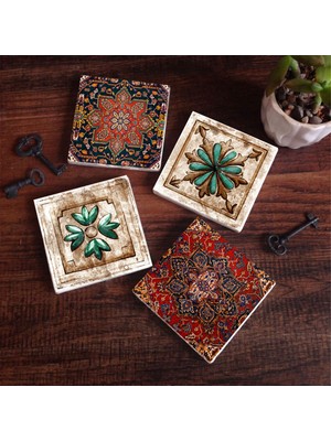 Pinecone Stone Desen, Fas Desenli Vintage Taş Bardak Altlığı – 4’lü Set, 10x10 cm Dekoratif Masaüstü Koruyucu Doğaltaş Altlık |SC340|