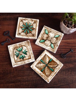 Pinecone Stone Fas Desenli Vintage Taş Bardak Altlığı – 4’lü Set, 10x10 cm Dekoratif Masaüstü Koruyucu Doğaltaş Altlık |SC145|