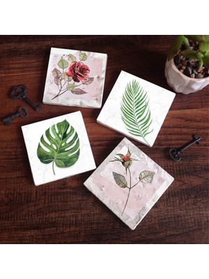 Pinecone Stone Gül Çiçek, Yaprak Taş Bardak Altlığı – 4’lü Set, 10x10 cm Dekoratif Masaüstü Koruyucu Doğaltaş Altlık |SC350|