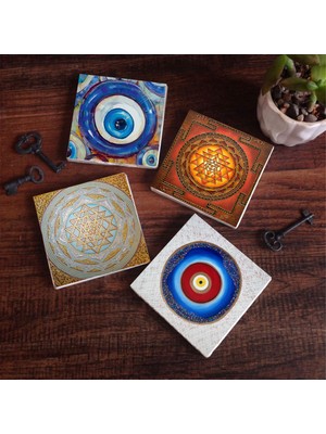 Pinecone Stone Nazar, Sri Yantra Taş Bardak Altlığı – 4’lü Set, 10x10 cm Dekoratif Masaüstü Koruyucu Doğaltaş Altlık |SC384|