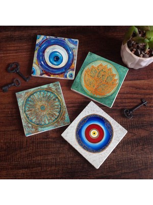 Pinecone Stone Nazar, Lotus Çiçeği, Yaşam Çiçeği Taş Bardak Altlığı – 4’lü Set, 10x10 cm Dekoratif Masaüstü Koruyucu Doğaltaş Altlık |SC389|