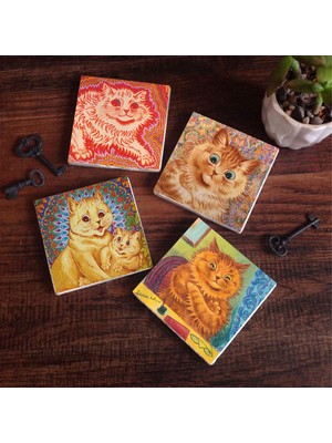 Pinecone Stone Louis Wain Kediler Taş Bardak Altlığı – 4’lü Set, 10x10 cm Dekoratif Masaüstü Koruyucu Doğaltaş Altlık |SC214|