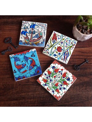 Pinecone Stone Çini Sanatı Lale, Balık, Yelkenli Gemi Taş Bardak Altlığı – 4’lü Set, 10x10 cm Dekoratif Masaüstü Koruyucu Doğaltaş Altlık |SC221|