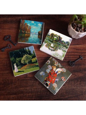 Pinecone Stone Claude Monet Sonbahar, Japon Kostümü, Gül Çiçekli Kemer, Bahçedeki Kadın Taş Bardak Altlığı – 4’lü Set, 10x10 cm Dekoratif Masaüstü Koruyucu Doğaltaş Altlık |SC223|