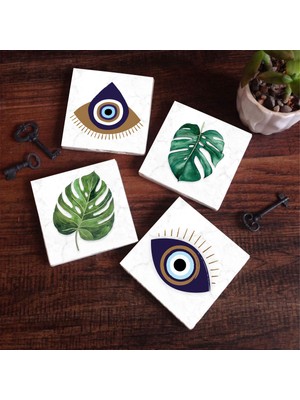 Pinecone Stone Nazar, Yaprak Taş Bardak Altlığı – 4’lü Set, 10x10 cm Dekoratif Masaüstü Koruyucu Doğaltaş Altlık |SC419|