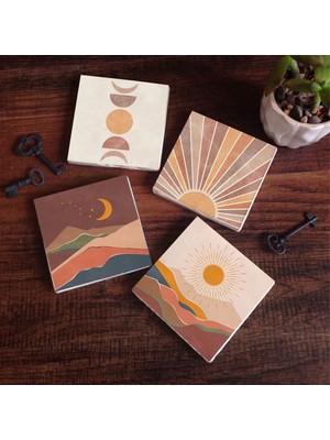 Pinecone Stone Bohem, Minimalist Soyut Taş Bardak Altlığı – 4’lü Set, 10x10 cm Dekoratif Masaüstü Koruyucu Doğaltaş Altlık |SC233|