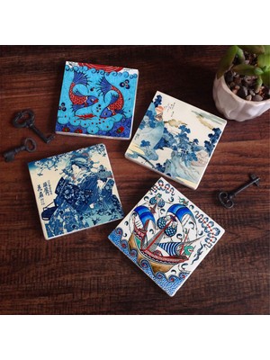 Pinecone Stone Japon Sanatı, Fuji Dağı, Çini Sanatı Balık, Yelkenli Gemi Taş Bardak Altlığı – 4’lü Set, 10x10 cm Dekoratif Masaüstü Koruyucu Doğaltaş Altlık |SC446|