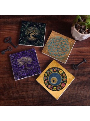 Pinecone Stone Yaşam Çiçeği, Hayat Ağacı, Nazar Boncuğu Taş Bardak Altlığı – 4’lü Set, 10x10 cm Dekoratif Masaüstü Koruyucu Doğaltaş Altlık |SC468|