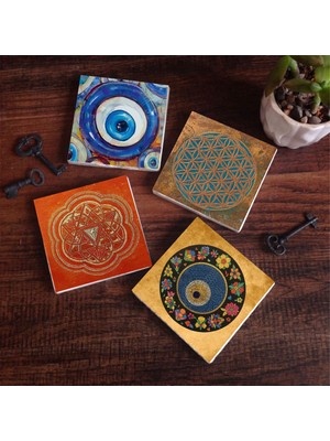 Pinecone Stone Nazar, Yaşam Çiçeği, Sri Yantra Taş Bardak Altlığı – 4’lü Set, 10x10 cm Dekoratif Masaüstü Koruyucu Doğaltaş Altlık |SC472|