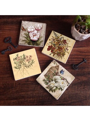 Pinecone Stone Vintage Çiçek, Kelebekli Çiçek Taş Bardak Altlığı – 4’lü Set, 10x10 cm Dekoratif Masaüstü Koruyucu Doğaltaş Altlık |SC291|
