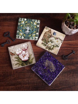 Pinecone Stone Hayat Ağacı, Kelebekli Çiçek Taş Bardak Altlığı – 4’lü Set, 10x10 cm Dekoratif Masaüstü Koruyucu Doğaltaş Altlık |SC486|