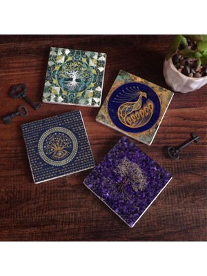 Pinecone Stone Hayat Ağacı, Nazar, Tavus Kuşu Taş Bardak Altlığı – 4’lü Set, 10x10 cm Dekoratif Masaüstü Koruyucu Doğaltaş Altlık |SC494|