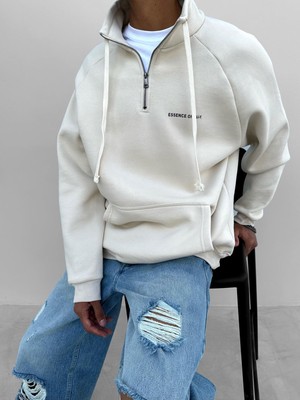 Abluka Online Oversize Yarım Fermuarlı Sweatshirt Bej