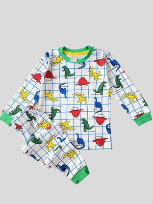 Elmas Kids Erkek Çocuk %100  Pamuklu Renkli Dinozor Desenli Kolları ve Paçaları Şeritli Pijama Takımı