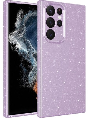 Case 4U Samsung Galaxy S22 Ultra Kılıf Kamera Korumalı Simli Lüks Koton Kapak Lila